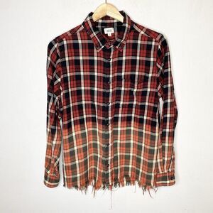 BKE Buckle Red‎ Orange Button Down Plaid Ombré Fade Shirt Raw Hem Men’s Small